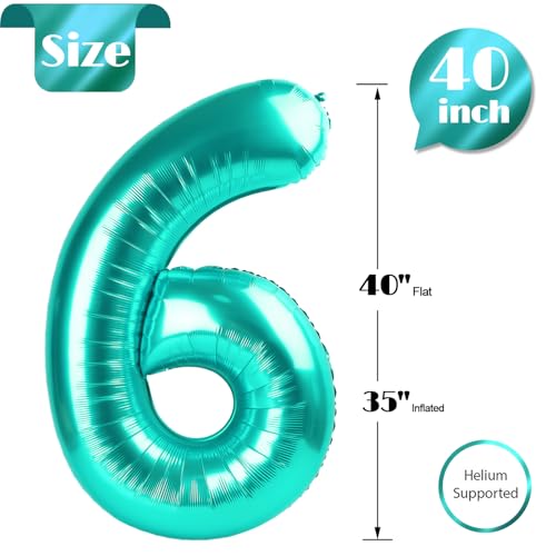 Image of Teal Blue 6 Balloon, Number Balloons 40 Inch, 6th Balloons for Birthday Decorations, Teal Blue Party Supplies 6 Birthday Balloon, Number 6 Balloon
