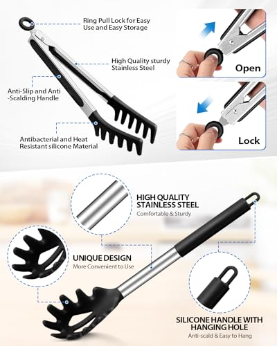 Spaghetti Spoon and Pasta Tong, Non-stick Silicone Spoon Server Fork with teeth and Stainless Steel Handle Spaghetti Tong, Food Clip for Spaghetti Noodle, Black