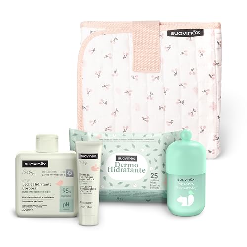 Suavinex, Canastilla - Cambiador Bebé de Tela, Incluye: Baby Cologne Memories 100 ml + Pomada Protectora Reparadora 30 ml + Leche Hidratante Corporal 300 ml + Toallitas Dermohidratantes 25 uds, Rosa