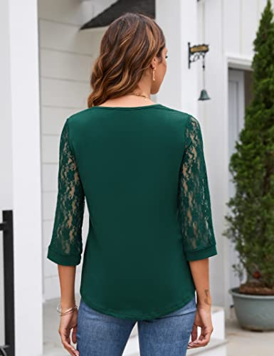 Clearflower Womens 3/4 Sleeve Patchwork Half Lace Sleeve Tops Casual Spring Summer Elegant Soild Blouses Dark Green 2Xl #TOP4