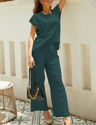 Women Knit 2 Piece Sweater Sets Pullover Tops High Waist Wide Leg Pants Lounge Set3