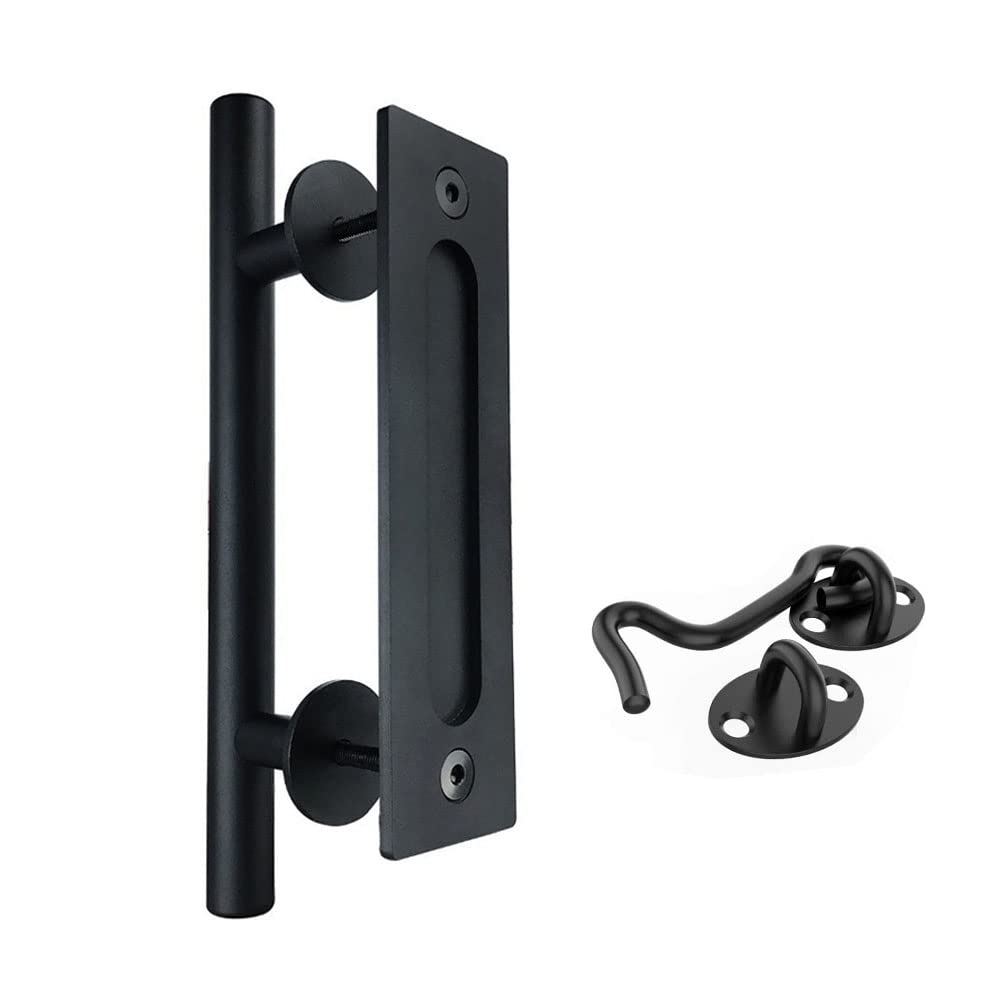 Barn Door Handle,12 inch Black Heavy Duty Sliding Barn Door Handle Kit with Door Latch