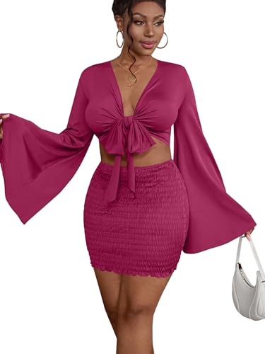 Image of LYANER Women 2 Piece Vacation Outfits Tie Knot Front Bell Long Sleeve Crop Top and Mini Skirt Summer Set