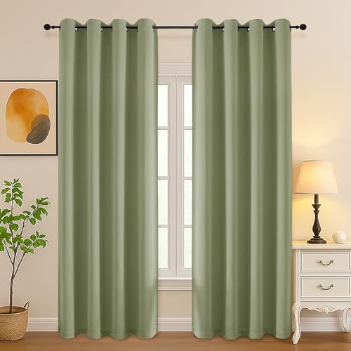 Image of Simplebrand Sage Green Curtains for Bedroom Living Room 90 Inches Long 2 Panels Set, Room Darkening Thermal Insulated Curtains & Drapes, Solid Grommet Noise Reducing Window Treatment, W50 x L90 Inch