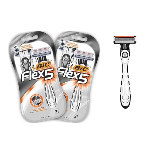 BIC Flex 5 - 6 Rasoirs Jetables pour Homme à 5 Lames avec Bande Lubrifiante pour un Rasage Précis et Confortable - Lot de 2 Blisters de 3