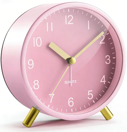 YouJabz Analog Alarm Clock for Girls, Super Silent Non Tick with Night Light, Battery Operated,Bedroom Clock for Mom,Fashionable Round Metal Alarm Clock for Office, Elderly,Adults,Children School Gift