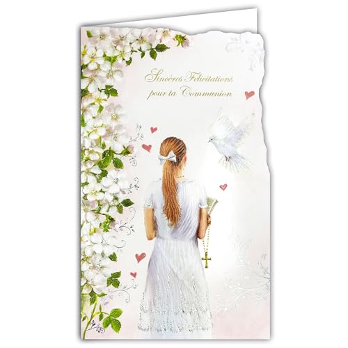 19-648 Carte Porte-Billet avec Enveloppe Sincères Félicitations Communion Fille Robe Blanche Croix Chrétienne Catholique Chapelet Notre Père Je vous salue Marie...