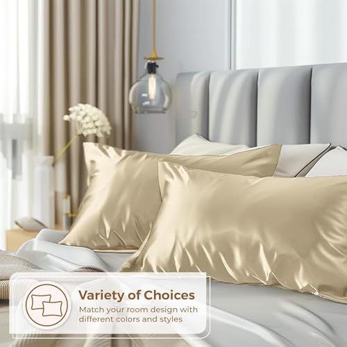 Image of Craftelio Satin Pillow Covers Set of 2 with 3 Free Random Color Hair Scrunchies - Anti-Frizz, Skin-Friendly, Soft & Durable Pillowcase Set for All Hair Types (Beige)