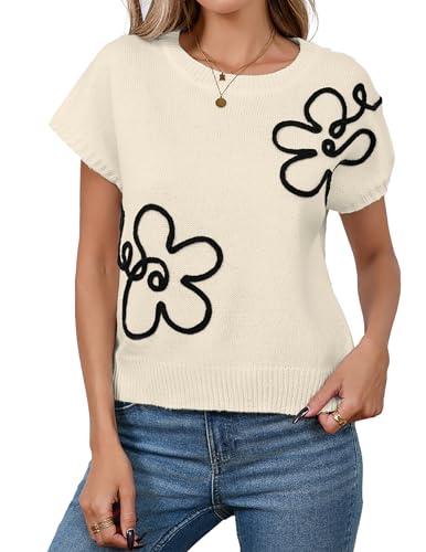 Image of Libsorge Womens Cute Flower Cap Sleeve Sweater Vest Spring 2025 Lightweight Ribbed Knit Crewneck Knit Top