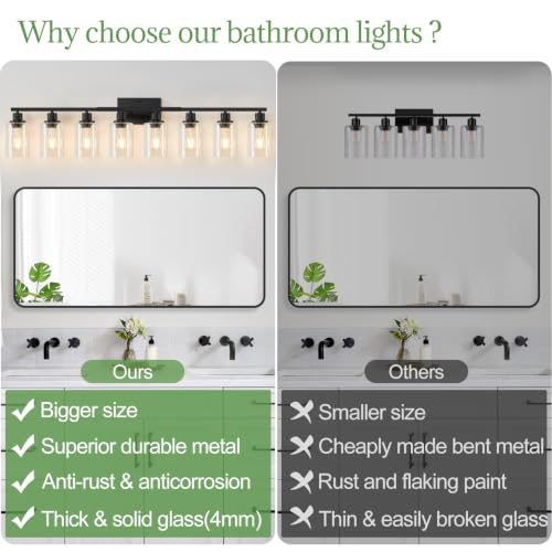 Image of MOKATNG 8-Light Bathroom Light Fixtures, Vanity Light with Clear Glass Shades, Matte Black Bathroom Light Fixtures Over Mirror, Modern Bathroom Wall Lamp for Mirror Living Room Cabinet Bedroom