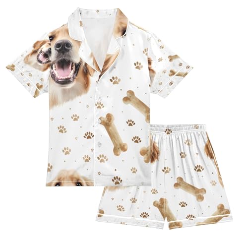 senya Dog Biting Bone Satin Summer Pajama Sets Silk Short Sleeve Button Down Sleepwear