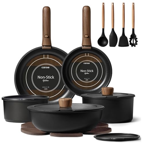 CAROTE 19pcs Pots and Pans Non Stick, Cookware Sets Detachable Handle, Induction Kitchen Pots and Pans,NonStick Cooking Set, Oven/Dishwasher/Fridge Safe, Space Saving