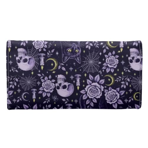 Image of AFPANQZ Halloween Womens Wallets Leather Trifold Multi Card Holder Wallet | Purple Skull Rose Print Card Holder Phone Organizer Ladies Travel Purse Hollow Out