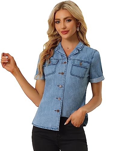 Allegra K Women's Denim Shirt Short Sleeve Button Down Notched Collar Western Pocket Classic Jean Shirt