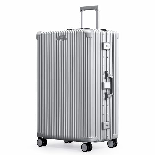 Image of Nobl-Travel Zipperless Check In Suitcase - Aluminum Frame, Check In luggage 30.2x20x12 Airline Approved by Noble-Travel - Unbreakable Polycarbonate Shell - Dual TSA Locks, 360 Spinner Wheels - Silver