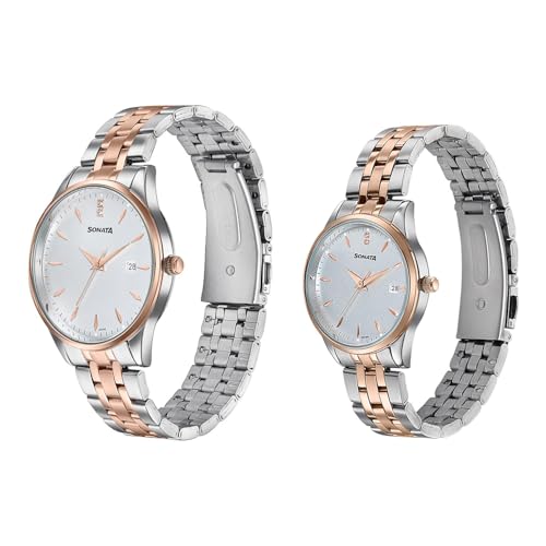 Image of Sonata Jashn with Quartz Analog White Dial IPS+IPRG Strap Men and Women (Pair) Wedding Watch - 7721087125KM01