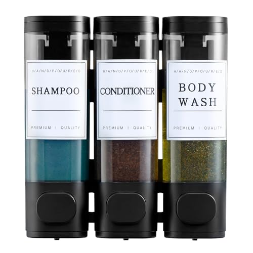 Shampoo and Conditioner Dispenser Shower Soap Dispenser 3 Chamber No Drill Wall-Mounted for Bathroom & Hotel Leak-Proof Pumps for Thick Liquids Like Conditioner - 1050ML High Capacity Black