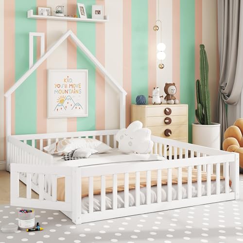 Jovify Letto a livello del pavimento 140x200 cm, a forma di casa, con porte a rete di sicurezza e protezione contro le cadute, rete a doghe, bianco
