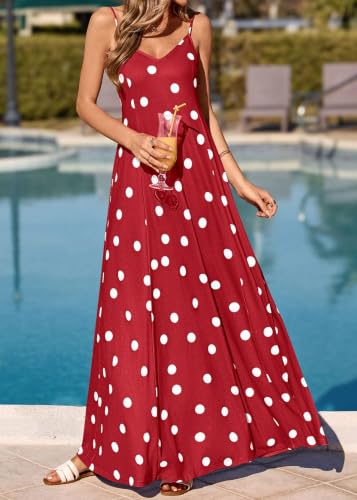 Image of KIRUNDO Womens Polka Dot Spaghetti Strap Flowy Maxi Dress | Sleeveless V Neck Boho Long Dresses, 2026 Summer Beach Vacation Cruise Outfits, A-Line Backless Sundress With Pockets