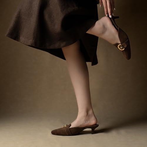 Image of Theater Women Pointed-Toe Mule Heels | Slip-On Kitten Heels with Gold Buckle | Elegant & Comfortable Sandals for Work, Office & Smart Casual Wear