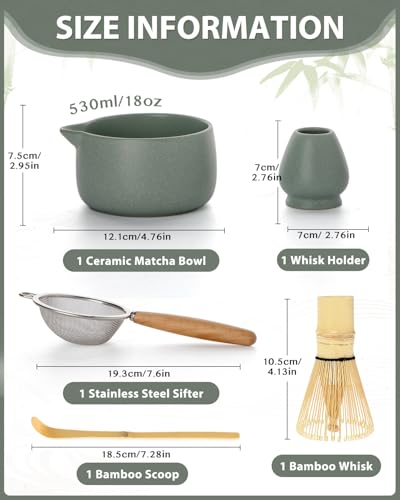 20OZ Matcha Whisk Set - 5PCS Chasen Set Includes Matcha Bowl with Spout, Bamboo Whisk with Ceramic Holder, Macha Scoop and Sifter, Matcha Kit for Ceremony, Gift for Matcha Lovers (Pale Gray-Green) — view 2