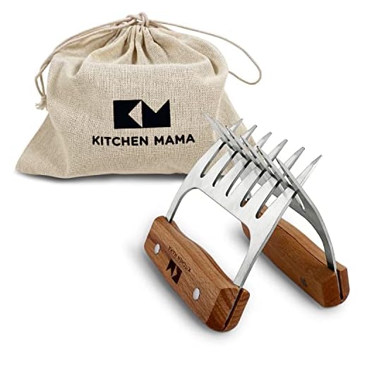 Kitchen Mama Meat Claws: Stainless Steel Shredder Claws with Wooden Handle for BBQ, Shredding, Pulling Pork, Chicken, Beef, and Turkey - Perfect for Grill Masters (1 Pair)