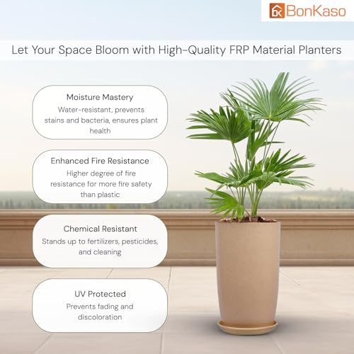 Image of BonKaso 14 inch Beige Flower Pot - Tall, Durable & Lightweight Polymer Tower Planter for Indoor & Outdoor Use: Home, Office, Garden & Balcony (Gamla /Gamale)