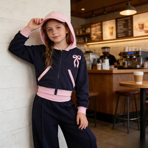 Image of Yoxindax Girls' 2-Piece Clothes Bow Print Zip-Up Hoodie Contrast-Color Wide-Leg Pants Winter 7-14Y Outfits Set