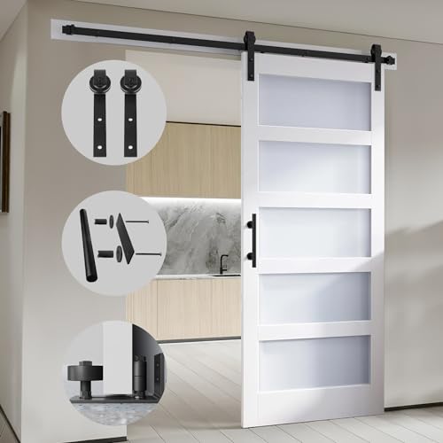 S&Z TOPHAND® 44in x 84in Double Glass Sliding MDF Barn Door with 16FT Sliding Door Hardware Kit, 5 Tempered Frosted Glass, Slab Inside Covered with Water-Proof PVC Surface, Simple DIY Assembly