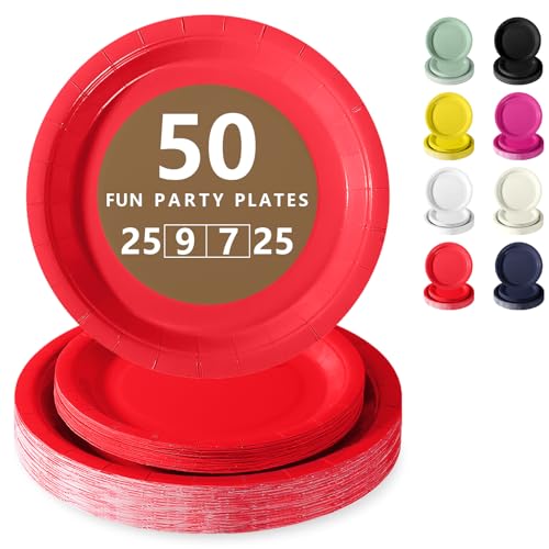 Nkaiso Platos Desechable, 50 Piezas Rojo Oscuro Vajilla de Fiesta Set -25x 23cm & 25 x 18cm Platos de Carton, legante y Resistente para Bodas, Cumpleaños y Eventos