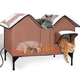Extra Large Heated Cat House for Outside, Elevated Waterproof Outdoor Cat House Weatherproof for Winter, Insulated Outdoor Cat Shelter with Escape Doors and Heating Pad for Multiple Cats, Brown