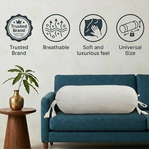 Image of SAJAVAT HOME 100% Cotton Waffle Bolster Cover Pack of 2 | Textured Decorative Bolster Pillow Covers for Sofa, Bed & Couch | Soft Breathable All-Season Cylindrical Cushion Covers | White