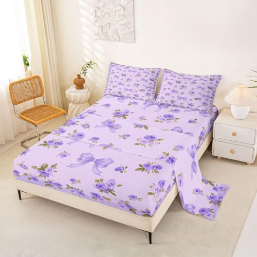 Homemissing Juego de sábanas con lazo de flores moradas, tamaño individual, con bonito lazo, sábana bajera ajustable con estampado floral botánico, juego de cama suave de 3 piezas con 1 funda de