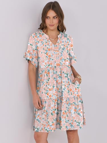 Image of ANRABESS Women's Summer Casual Dress, V-Neck Ruffle Sleeve Tiered Mini Dress, Soft Comfy Fabric with Pockets for All-Day Wear