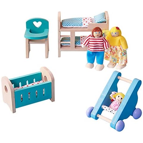 LA TALUS Family Wooden Dollhouse Set Wooden Doll House Furniture Baby Room Set Miniature Models DIY Assembled Toys with Chair Bed Stroller Comfy Living Room Set Cover