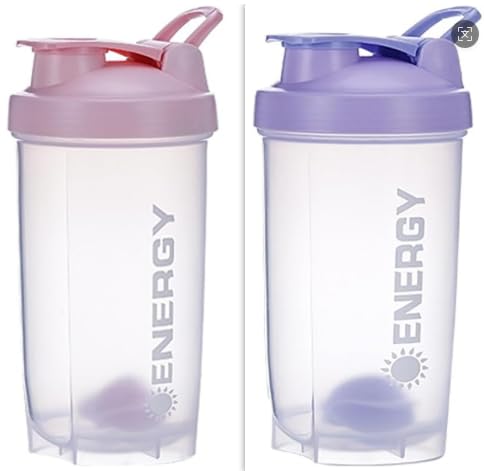 AOOWU Protein Shaker, 2PCS 500ml Proteína Shaker a Prueba de Fugas, Botella Mezcladora de Batidos de Proteínas con Bola Mezcladora y Anillo de Sellado, Adecuado para Deportes y Fitness(Rosa + Verde)