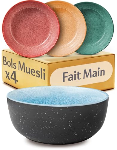 Cosumy Set de 4 Bols à Muesli en Grès 800ml – Vaisselle Artisanale avec Glaçure Réactive – Jeu de Couleurs Vibrantes, Compatible Micro-ondes & Lave-vaisselle – Set de 4 Pièces à Muesli
