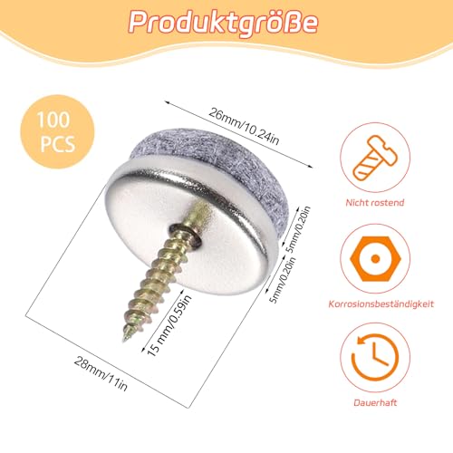 100 Stück Filzgleiter Schrauben, 28mm Filzgleiter Nagel Stuhlbeinschoner Gleiter für Stühle Möbelgleiter für Möbel Stühle Laminat Parkett Fliesen (Grau)