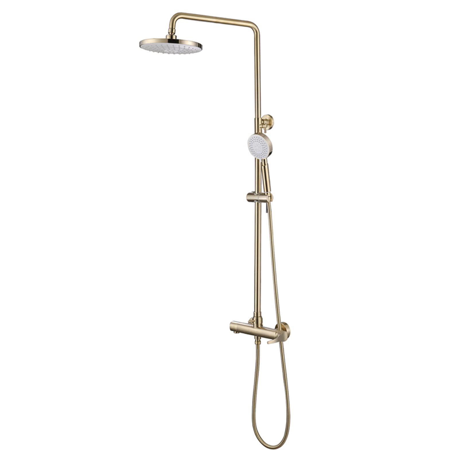 WOTZOV Shower System Thermostatic Set With Scalding Protection Tap, Wall Faucet With Adjustable Rainfall Head, Anti-Kink Pipe And 3 Function Handheld Sprayer,Black，Brushed Gold