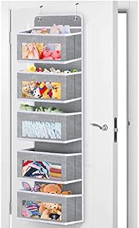 Runpon Over The Door Hanging Organizer Storage with 5 Clear Window Bin Pockets and 2 Metal Hooks, Foldable Wall Mount Storage for Pantry Nursery Bathroom Closet Dorm(Gray)
