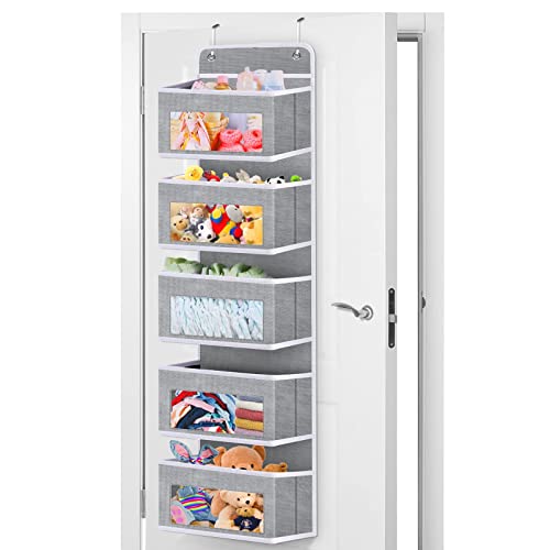 Runpon Over The Door Hanging Organizer Storage with 5 Clear Window Bin Pockets and 2 Metal Hooks, Foldable Wall Mount Storage for Pantry Nursery Bathroom Closet Dorm(Gray)