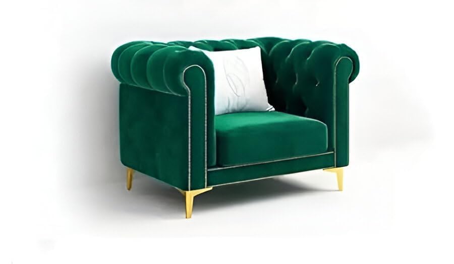 Image of Chesterfield Velvet Upholstery 3-Seater with Armchair and Footrest, Design in 3+1+Footrest Sofa for Living Room, Bedroom, Hallways (Green)