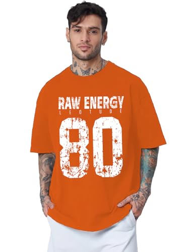 Image of LEOTUDE Men Half Sleeve Round Neck Graphic Font Printed Cottonblend Oversized Tshirts (Colour: Orange)
