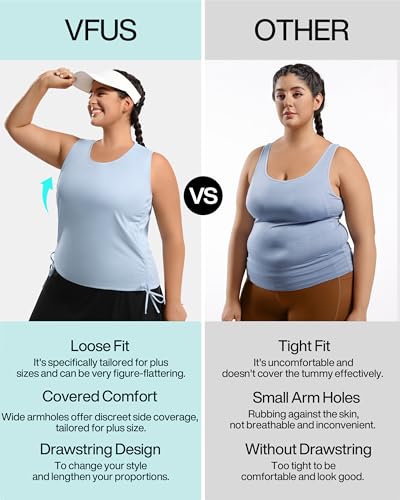 Image of Plus Size Tank Tops for Women Drawstring Sleeveless Quick Drying Tennis Shirts Loose Fit Running Golf Pickleball Workout Outfits(X-Large, Light Blue New)