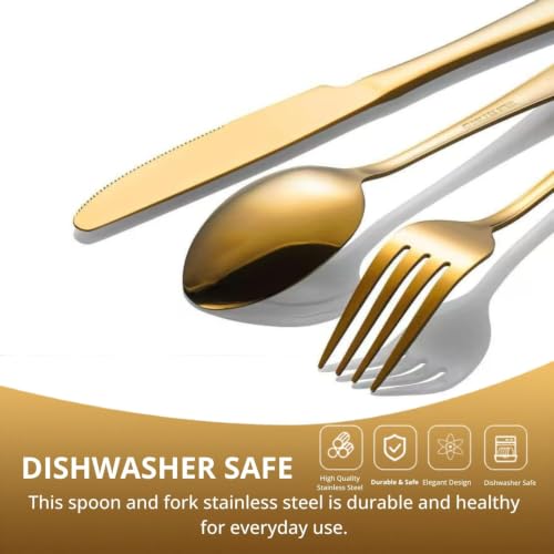 Image of Clovis Stainless Steel Flatware Set 4 Pieces, Titanium Plated Mirror Finish, Cutlery Set for 1 with Knife Fork Spoon and Teaspoon, Gold
