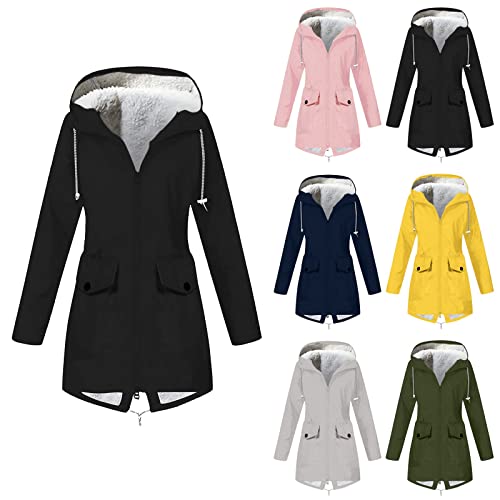 FUPODD Winterjacke Damen Warm Teddyfleece Gefütterte Regenjacke Damen Wasserdicht Regenmantel Frauen Mit Kapuze Skijacke Outdoor Funktionsjacke Parka Winddicht Softshelljacke Zipper Übergangsjacke