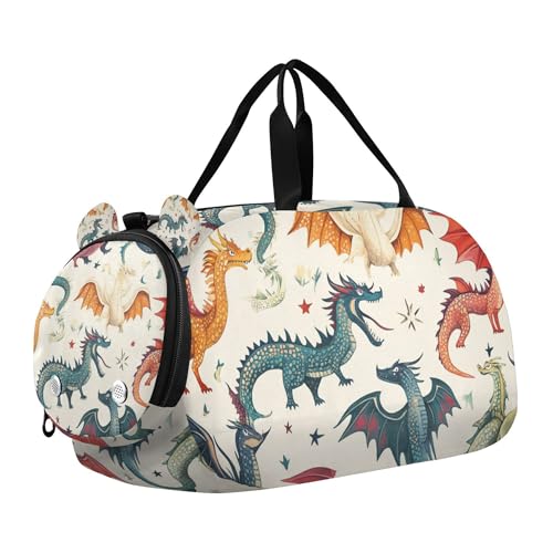 Glaphy Cute Cartoon Dragons Duffle Bag for Toddler Boys Girls, Gym Sports Bag with Shoe Compartments, Kids Travel Overnight Weekender Shoulder Bag