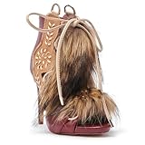 OMLISHZTY Fur Stiletto Heels Sandals for Women Lace up Faux Fur Ankle High Heels with Back Zip Peep Toe Comfortable Sandals Red