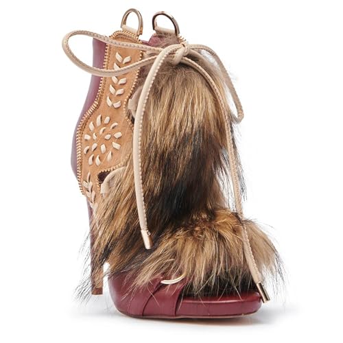 OMLISHZTY Fur Stiletto Heels Sandals for Women Lace up Faux Fur Ankle High Heels with Back Zip Peep Toe Comfortable Sandals Red