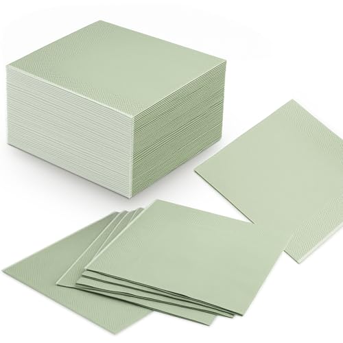 100 Serviettes Papier Vert Sauge Jetables, Serviettes de Table Vertes pour Anniversaire et Mariage, 33 x 33 cm Serviette Cocktail Décoration de Table